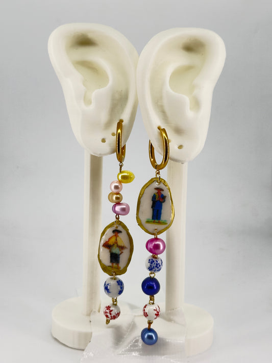 Sabungero and Manong Porcelain and Pearl Hoop Earrings