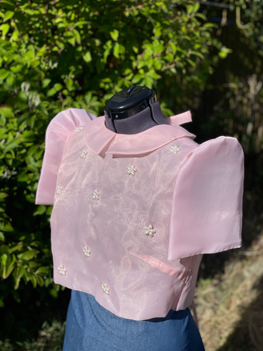 Cute Modern Filipiniana Top UK with Pearl Embroidery in Baby Pink
