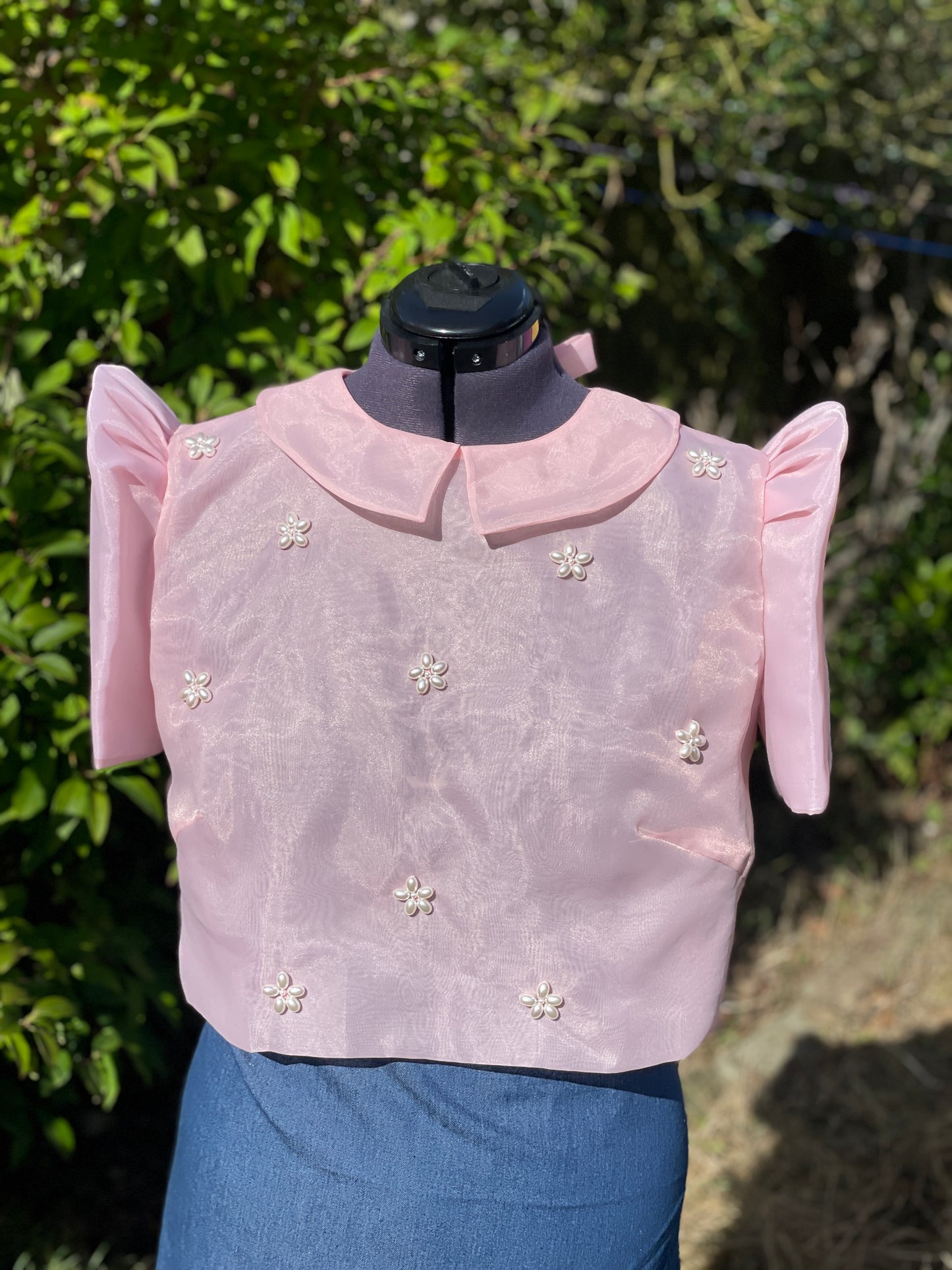 Cute Modern Filipiniana Top UK with Pearl Embroidery in Baby Pink Simone Rocha