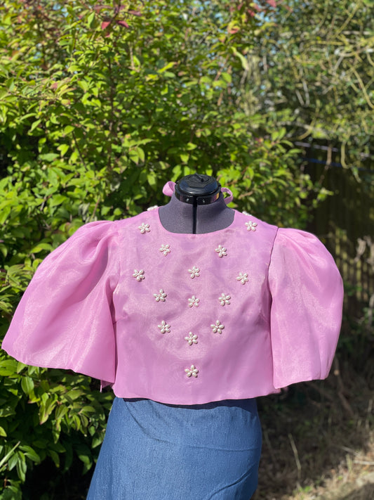 Modern Filipiniana Camisa Top with Puffy Sleeves Lilac with Pearl Embroidery