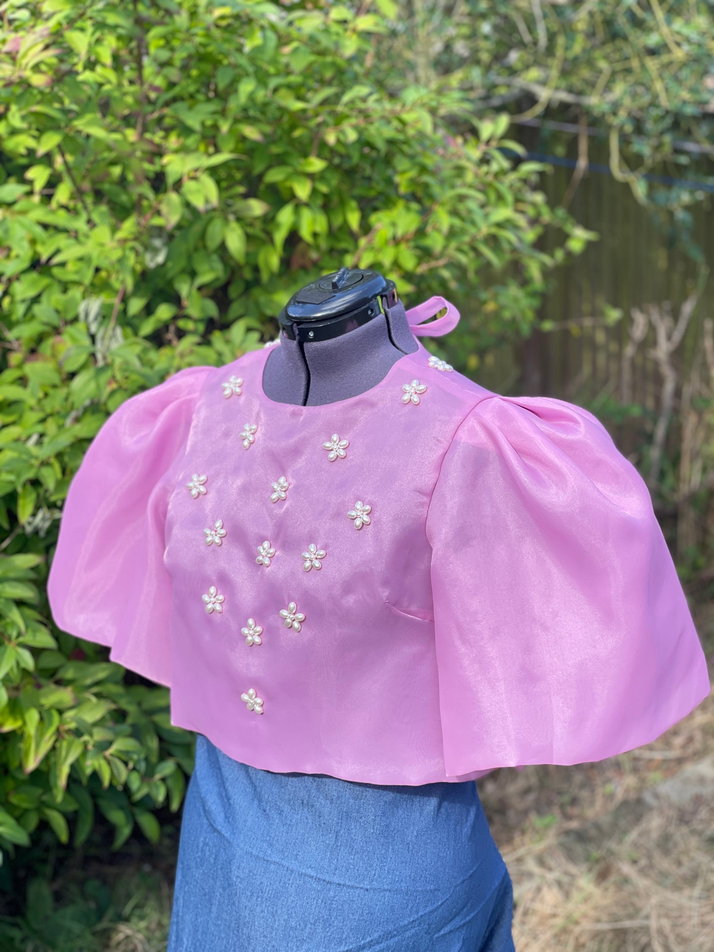 Modern Filipiniana Camisa Top with Puffy Sleeves Lilac with Pearl Embroidery