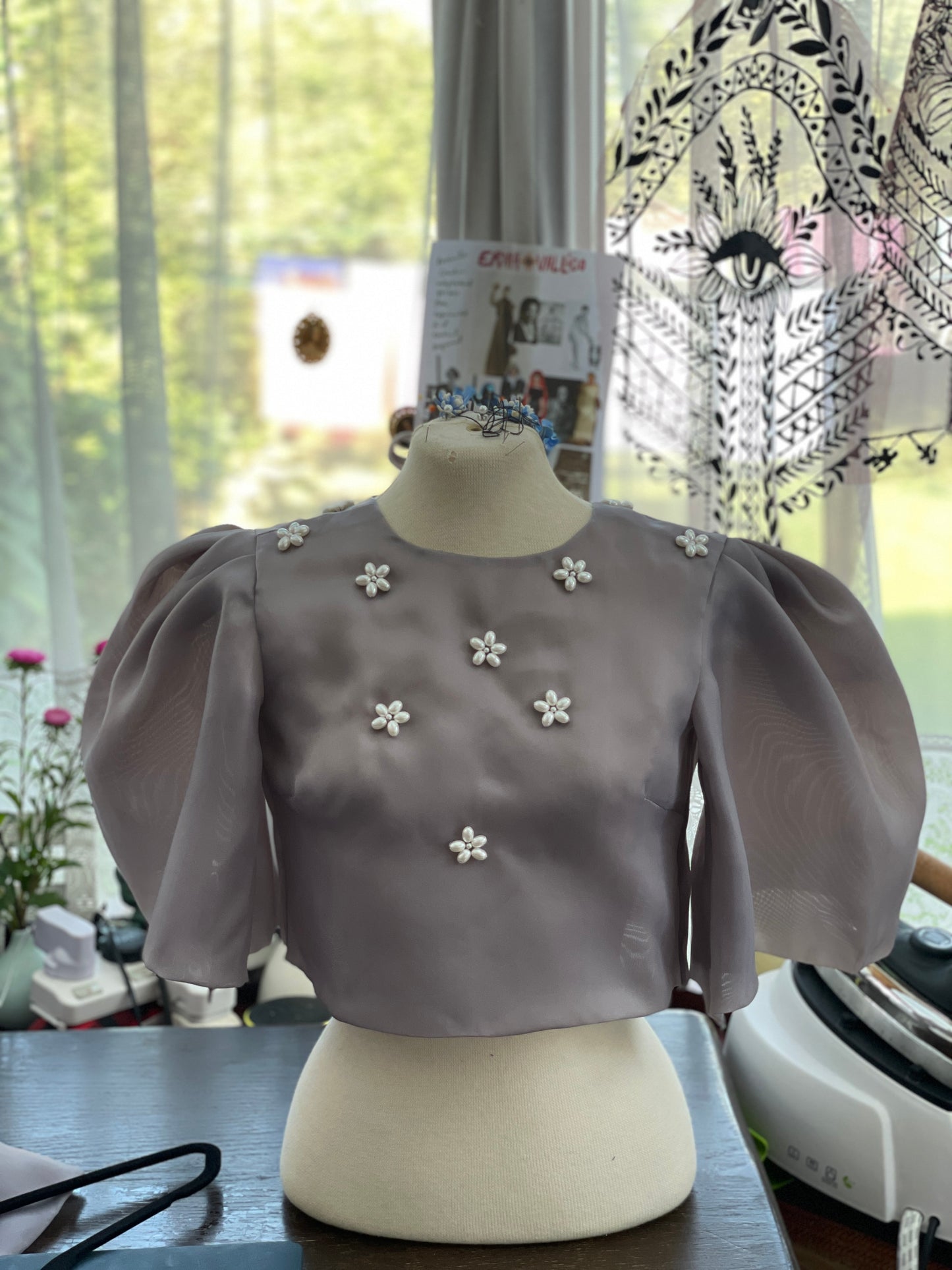 modern filipiniana camisa top uk puffy sleeves with pearl flower embroidery