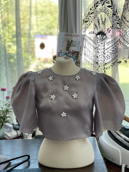 modern filipiniana camisa top uk puffy sleeves with pearl flower embroidery