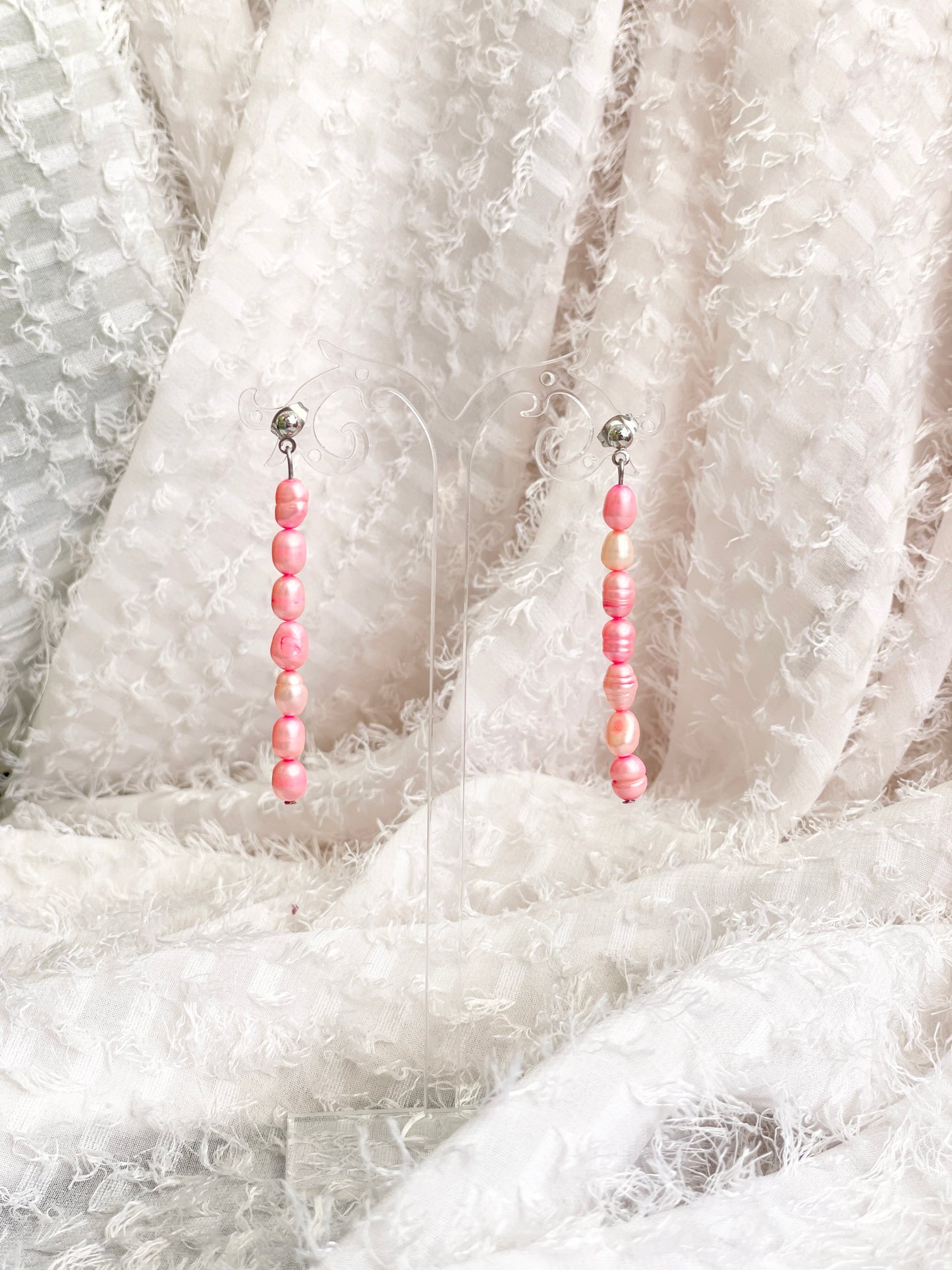 Dangling Pearls Stud Earrings in Pink