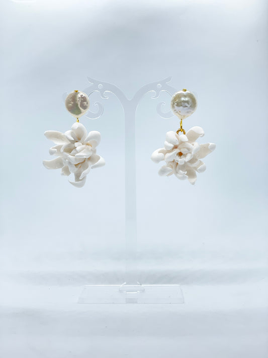 Coin Shaped Baroque Pearl Sampaguita drop earrings