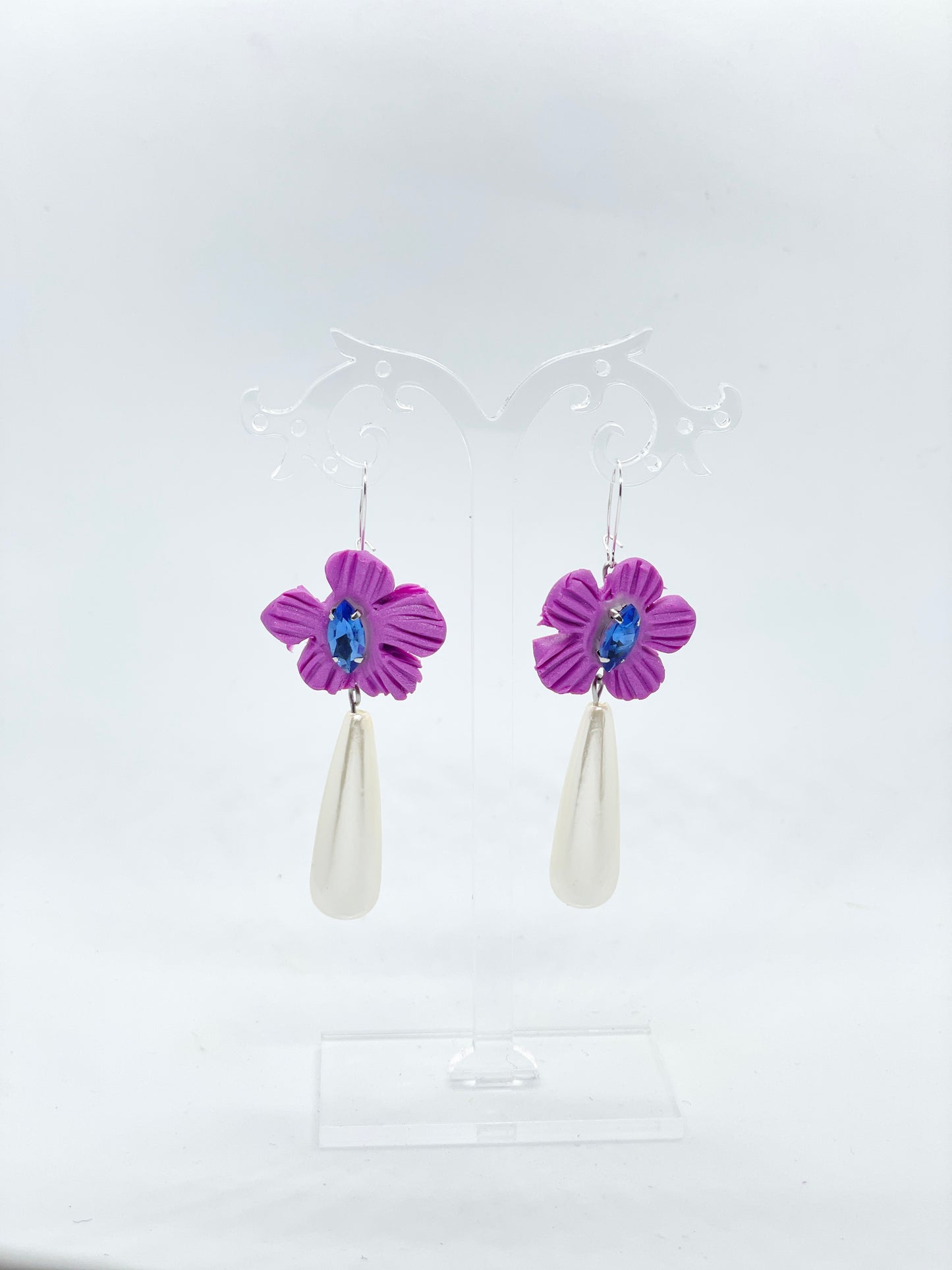 Ube Flower Blue Pearl Drop Earrings