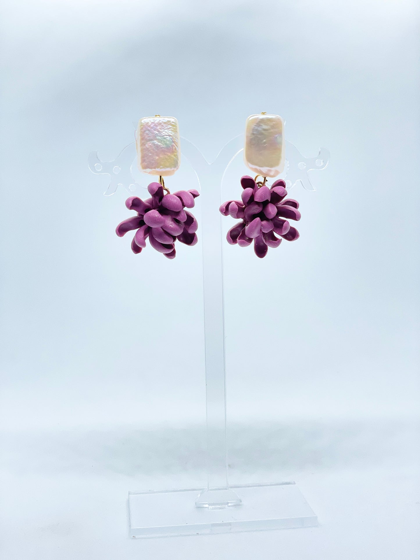 Square Baroque Pearl drop flower earrings