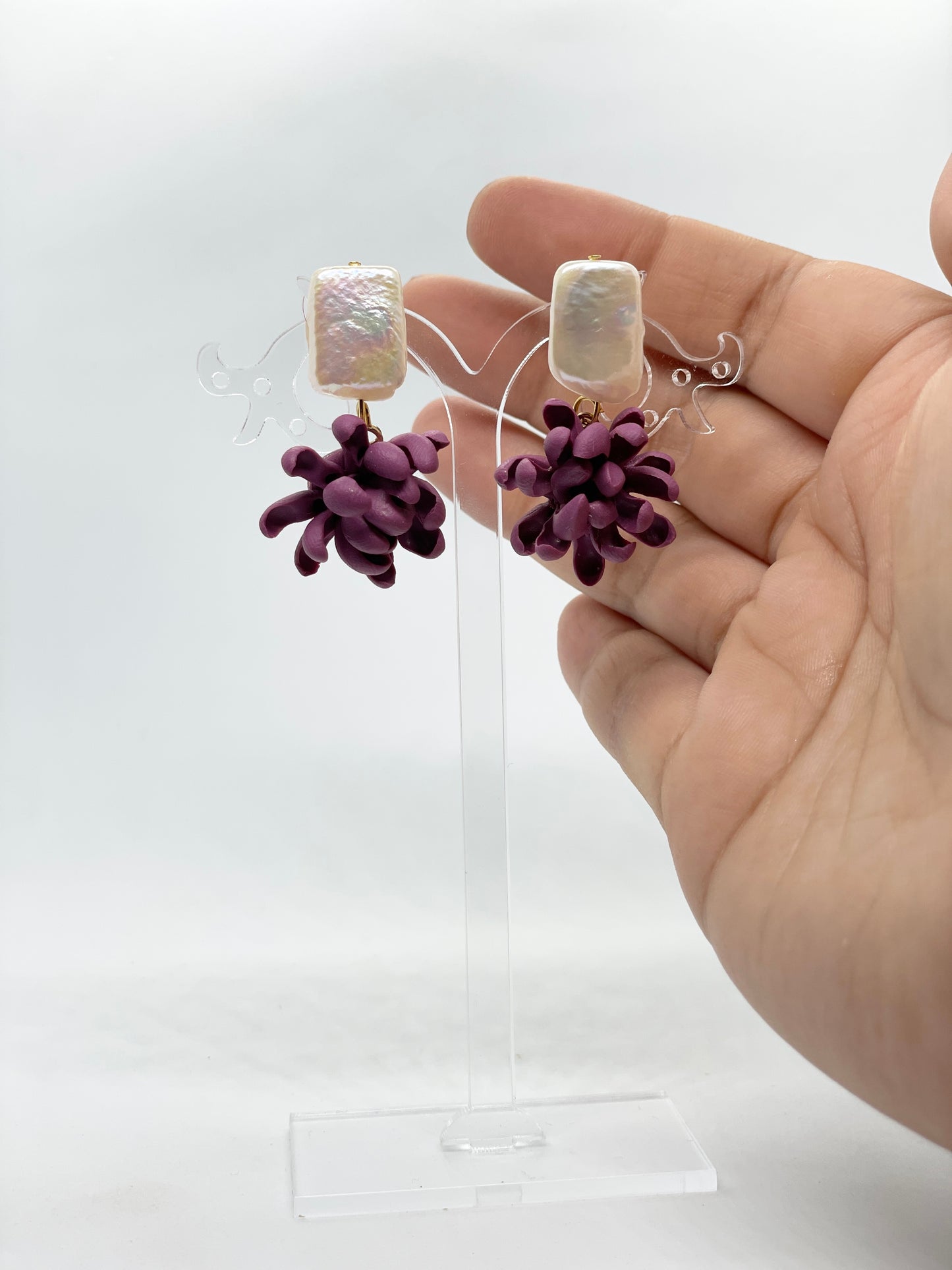 Square Baroque Pearl drop flower earrings